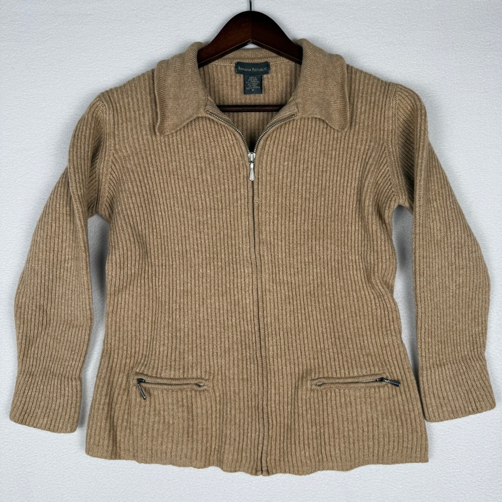 Banana Republic Womens XS Ribbed Full Zip Cardigan Sweater Tan Lambswool Blend - Picture 1 of 9